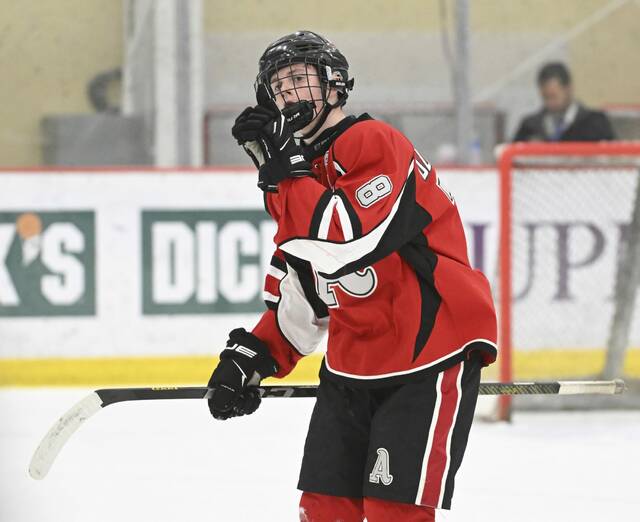 Avonworth’s Linus Jesionowski celebrates his first-period goal against Quaker Valley during the Varsity Class A Championship Tuesday March 17, 2026 at UPMC Lemieux Sports Complex. (Chaz Palla | TribLive)