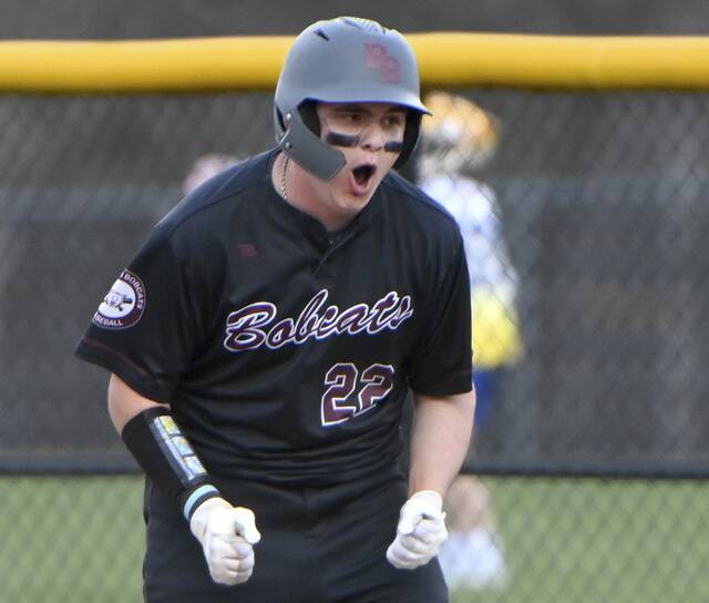 Beaver’s Josh Derringer celebrates after driving in a run against Hampton on Tuesday, Mar. 31, 2026, at Hampton.. (Christopher Horner | TribLive)