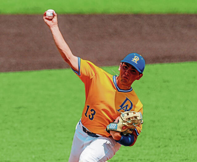 Derrys Cason Long pitches against Belle Vernon during a 2025 WPIAL playoff game. (Mike Darnay | Mon Valley Independent)