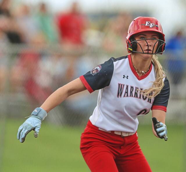Elizabeth Forwards Hannah Evans runs the bases against Derry during a 2025 WPIAL Class 4A quarterfinal. (Mike Darnay | Mon Valley Independent)