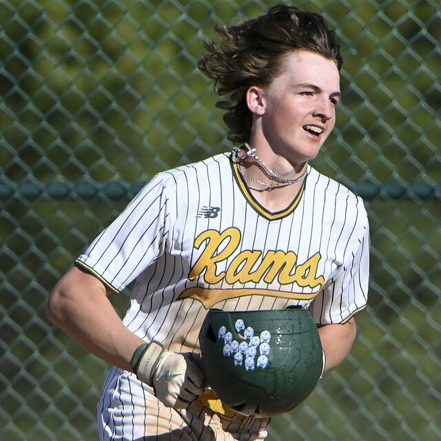 Pine-Richlands Logan Plummer celebrates after scoring against North Allegheny on May 2, 2024, in Pine. (Christopher Horner | TribLive)