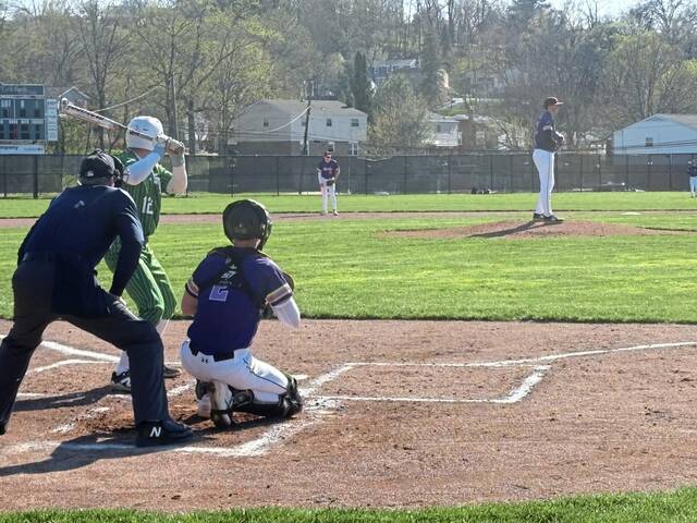 Bethel Park's Matthew Hughes pitches to South Fayette's Evan Mizia on Tuesday, April 7, 2026. (Don Rebel | TribLive)