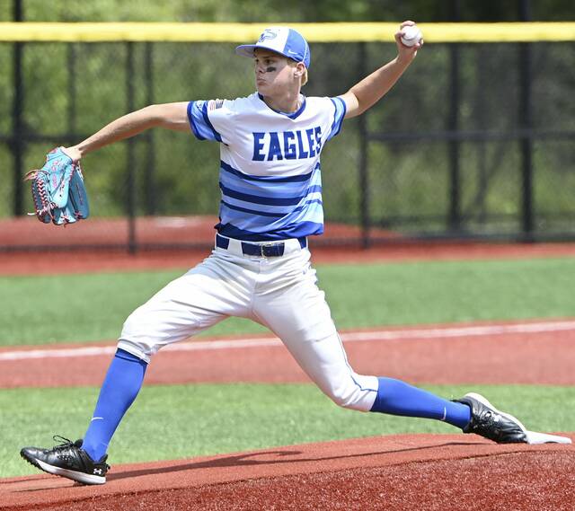 South Park pitcher Cooper Hochendoner throws against Riverside during the PIAA Class 3A semifinals last season. (Christopher Horner | TribLive)