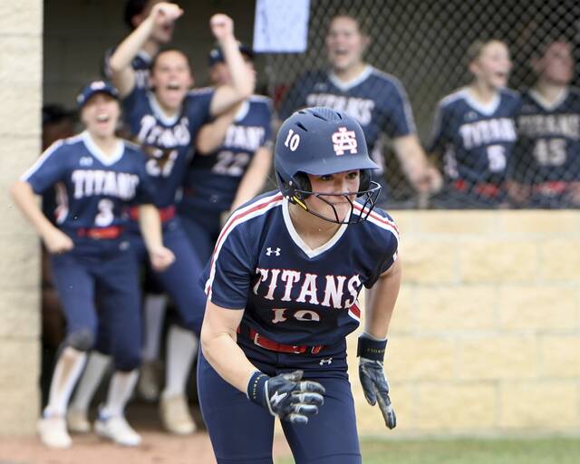 Shalers Addison Aleski drives in the go-ahead run against Penn-Trafford during the 2025 WPIAL Class 5A championship game. (Christopher Horner | TribLive)