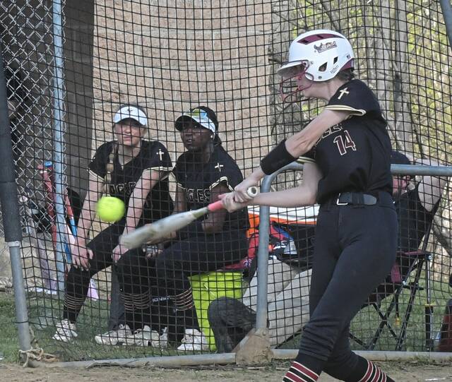 Serra Catholics Brianna Dobnak rips a double against Jeannette on Monday. She went 5 for 5. (Paul Schofield | TribLive)