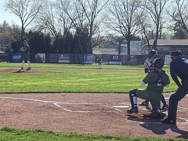South Fayettes Ryan Speer pitches to Bethel Parks Tyler Stewart on April 7. (Don Rebel | TribLive)
