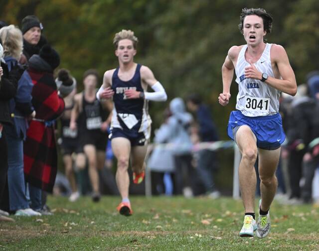 Hempfields Jonathan Stetchock finishes second during the WPIAL Class 3A cross country championships Oct. 23, 2025 at White Oak Park. (Chaz Palla | TribLive)