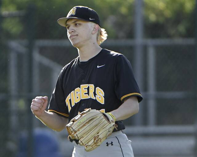 North Alleghenys Nate Surman pumps his fist after getting the final out against Shaler last season. (Christopher Horner | TribLive)