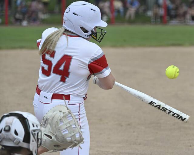Neshannocks Gianna Paglia hits against Chartiers-Houston in the WPIAL Class 2A championship game last season. (Chaz Palla | TribLive)