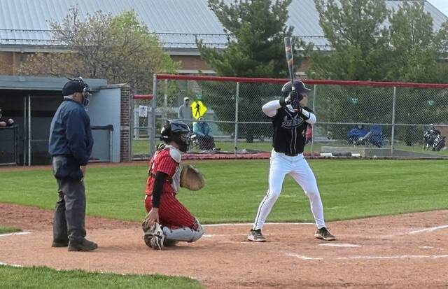 Upper St. Clair's Nico D'Orazio stands in against Peters Township on Monday, April 20, 2026. (Don Rebel | TribLive)