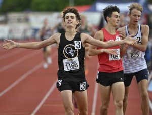 Quaker Valleys Jonah Montagnese wins the Class 2A 1,600-meter run at the 2025 PIAA Track and Field Championships. (Chaz Palla | TribLive)