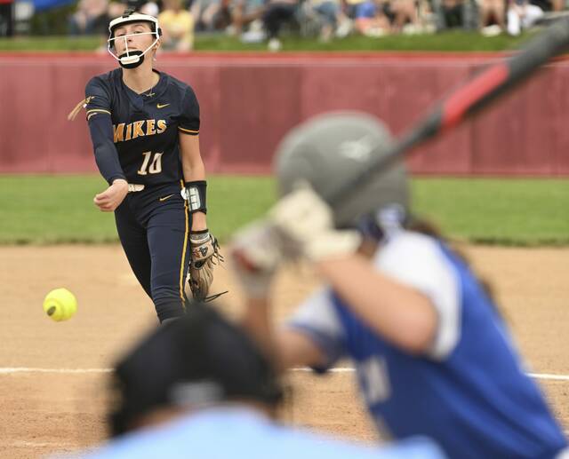 Carmichaels pitcher Bailey Barnyak throws against Union in the WPIAL Class A finals last season. (Chaz Palla | TribLive)