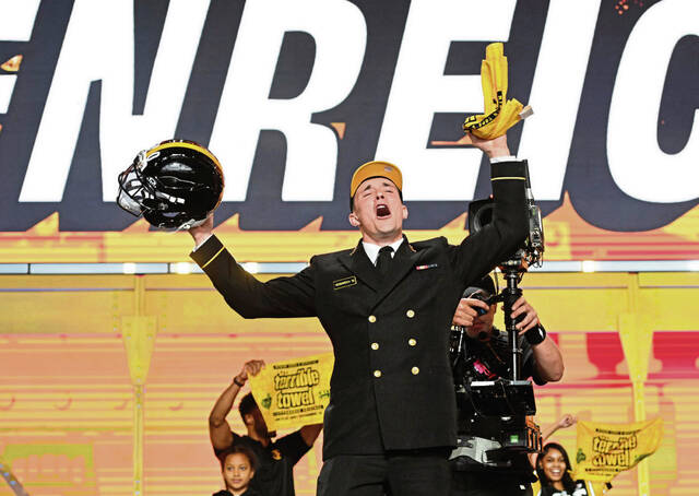 Steelers second seventh round pick running back Eli Heidenreich celebrates during the 2026 NFL Draft Saturday April 25, 2026 at Acrisure Stadium. (Chaz Palla | TribLive)