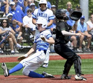 South Parks Cooper Hochendoner scores against Riverside during their PIAA Class 3A semifinal on June 10, 2025. (Christopher Horner | TribLive)