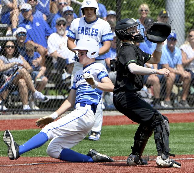 South Parks Cooper Hochendoner scores against Riverside during their PIAA Class 3A semifinal on June 10, 2025. (Christopher Horner | TribLive)