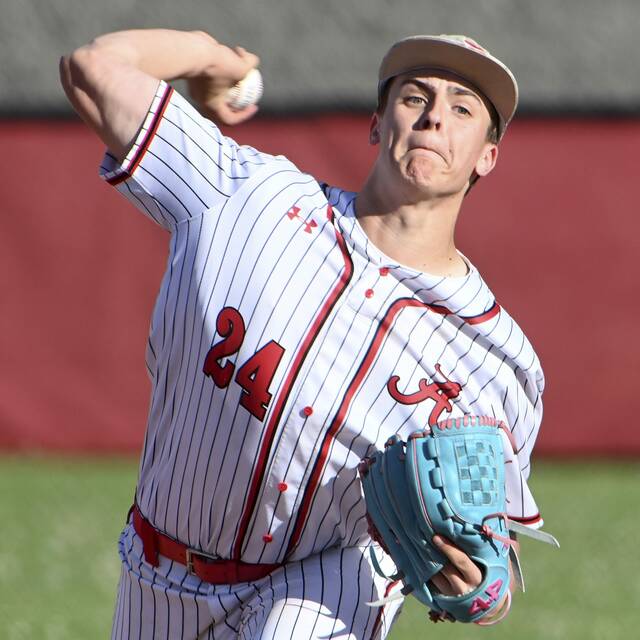 Avonworth pitcher Carson Franc is batting .537 with 26 RBIs this season. (Christopher Horner | TribLive)