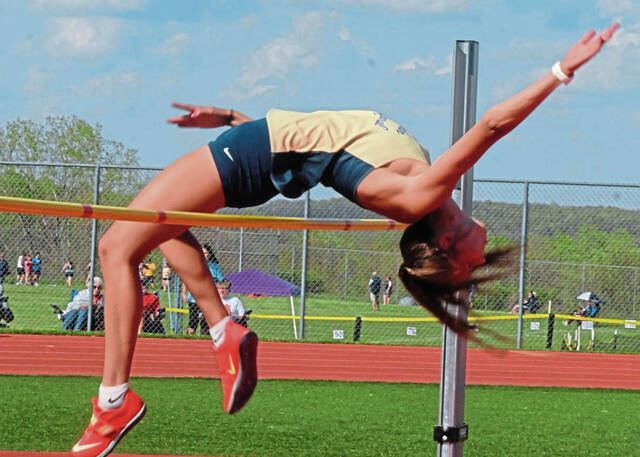 Franklin Regional junior Jamie Kociela clears the bar in the high jump at the WCCA Track and Field Championships on April 23, 2026. (Paul Schofield | TribLive)