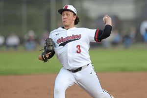 Elizabeth Forward's Nate Grimm plays against West Mifflin on April 28, 2026. (Jeff Helsel | Mon Valley Independent)