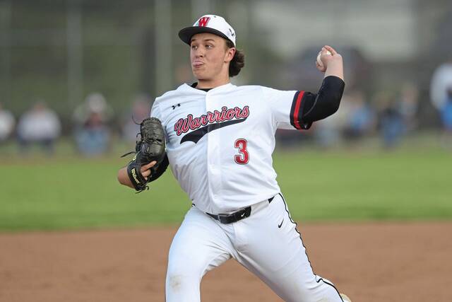 Elizabeth Forward's Nate Grimm plays against West Mifflin on April 28, 2026. (Jeff Helsel | Mon Valley Independent)