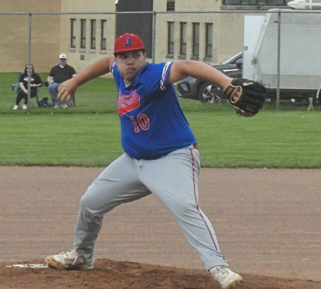 Jeannette pitcher Jayden Kennedy delivers a pitcher against Jeferson-Morgan on Monday. (Paul Schofield | TribLive)