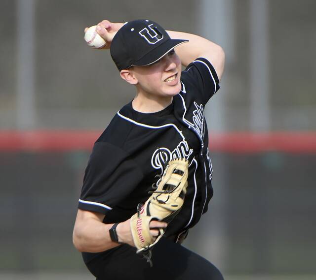 Upper St. Clair pitcher Grayson Valancius delivers against Bethel Park on March 26 at Boyce Mayview Park in USC. (Christopher Horner | TribLive)