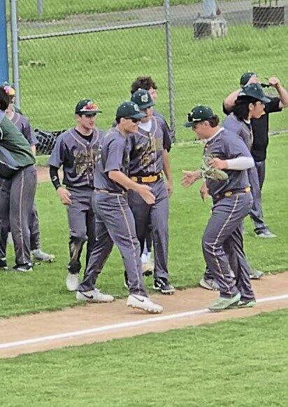 Penn-Trafford baseball players celebrate after their 2-0 win over Franklin Regional on Tuesday at Haymaker Park in Murrysville. (Bill Beckner Jr. | TribLive)