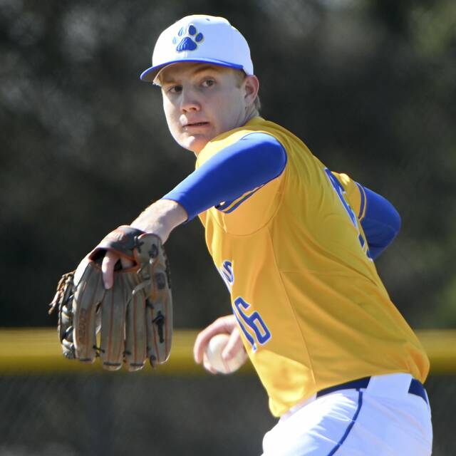 Hampton pitcher Colin Custer throws against Beaver on April 1, 2025. (Christopher Horner | TribLive)