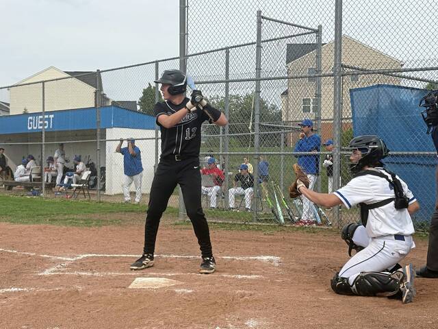 Upper St. Clair's Grayson Valancius bats against Chartiers Valley on Tuesday, May 5, 2026. (Don Rebel | TribLive)