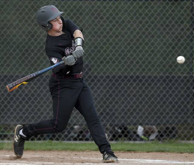 Beavers Marshal Smith drives in a pair of runs against West Allegheny on Wednesday, May 6, 2026, at Hardy Field in Brighton. (Christopher Horner | TribLive)