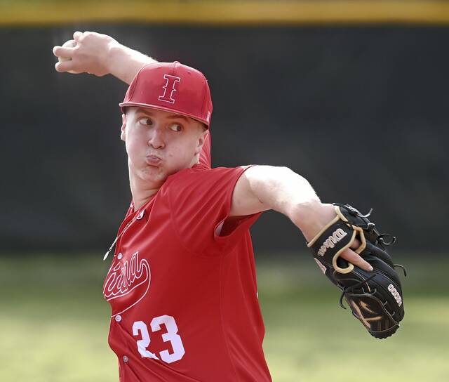 Indiana pitcher Sully VanHoose delivers against Valley on Tuesday, April 28, 2026, at Valley. (Christopher Horner | TribLive)