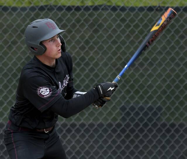 Beavers Aidan Skalko watches his RBI double against West Allegheny on Wednesday at Hardy Field in Brighton. (Christopher Horner | TribLive)