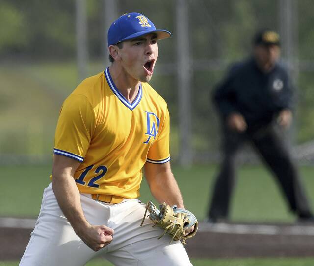 Derrys Cason Long pumps his fist after getting a strikeout to defeat Beaver in their WPIAL Class 4A first-round playoff game on Monday, May 11, 2026, at Deer Lakes. (Christopher Horner | TribLive)