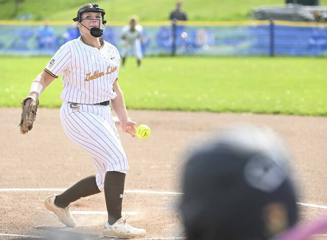 Greensburg Salem starting pitcher Alle Scarpa throws against Freeport Monday May 4, 2026 at Greensburg Salem High School. (Chaz Palla | TribLive)