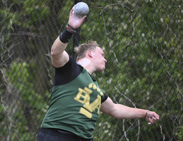 Belle Vernons Ryan Kent wins the boys shot put during the Baldwin Invitational on May 1, 2026, at Baldwin High School. (Chaz Palla | TribLive)