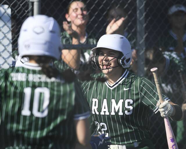 Pine-Richlands Norah Cherry celebrates after the Rams scored against Norwin during their WPIAL Class 6A first-round playoff game Tuesday. (Christopher Horner | TribLive)