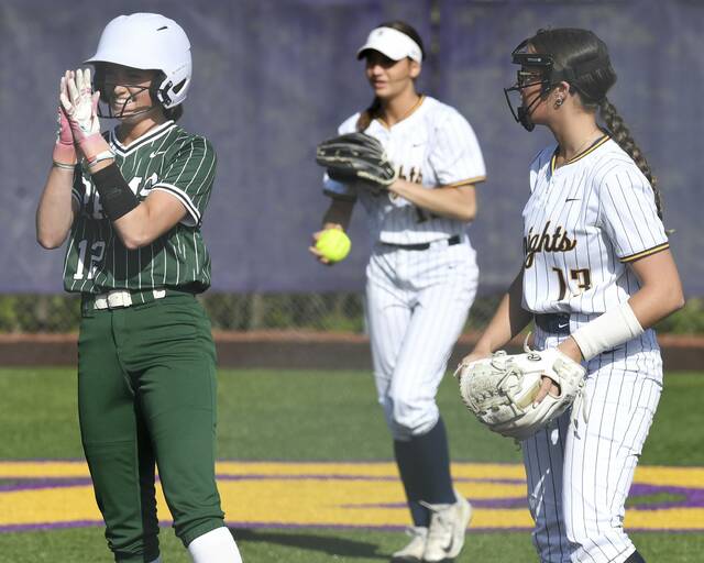 Pine-Richlands Sydney Bezila celebrates after driving in a run against Norwin during their WPIAL Class 6A first-round playoff game Tuesday. (Christopher Horner | TribLive)