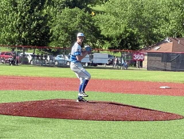 South Park's Cooper Hochendoner pitches to Keystone Oaks in a WPIAL Class 3A baseball first-round game Tuesday, May 12, 2026. (Don Rebel | TribLive)