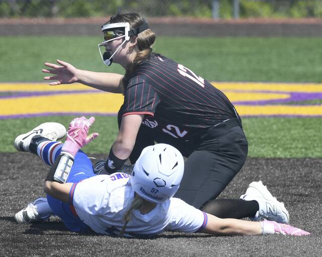 Armstrong’s Sophia Shumaker slides into second base under Fox Chapel’s Isabella Geller during their WPIAL Class 5A first round playoff game on Tuesday, May 12, 2026, at Plum. (Christopher Horner | TribLive)