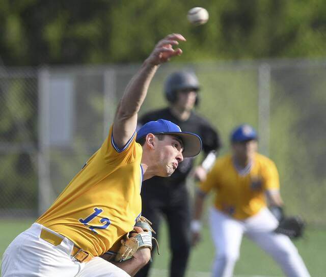 Derry pitcher Cason Long delivers during the seventh inning against Beaver in their WPIAL Class 4A first round playoff game on Monday, May 11, 2026, at Deer Lakes. (Christopher Horner | TribLive)