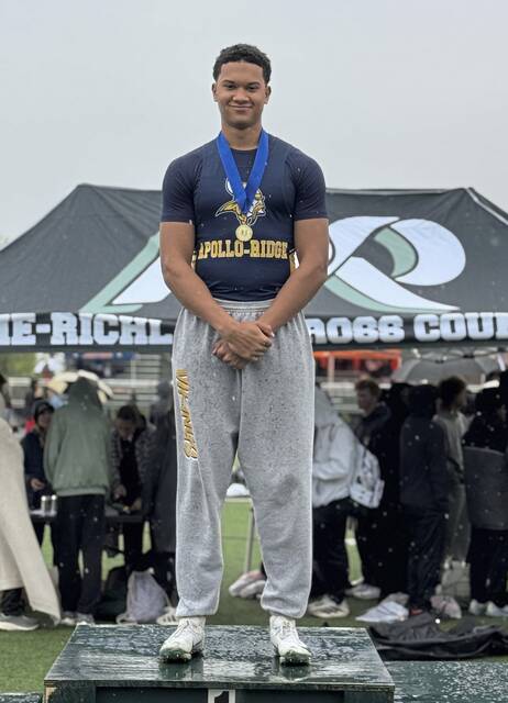Apollo-Ridge's Jaden McCray won the javelin at the Pine-Richland Invitational. (Submitted | Max Yonko)