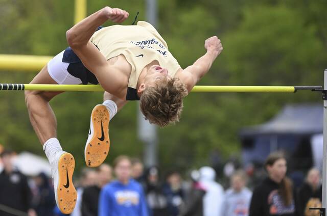 Franklin Regionals Sean Cartwright wins the high jump during the WPIAL 3A track and field championships Thursday at Slippery Rock University. (Chaz Palla | TribLive)