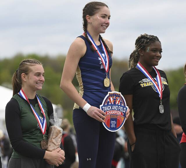 Freeports Mackenzie Magness wins the pole vault during the WPIAL Class 2A Track and Field Championships on Thursday at Slippery Rock University. (Chaz Palla | TribLive)