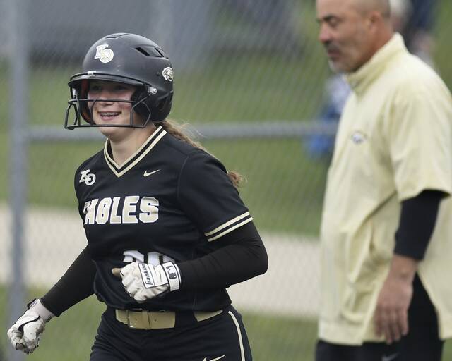 Keystone Oaks’ Evie Kyper rounds the bases after hitting her second home run against Deer Lakes during their WPIAL Class 3A playoff game on Thursday, May 14, 2026, at Plum. (Christopher Horner | TribLive)