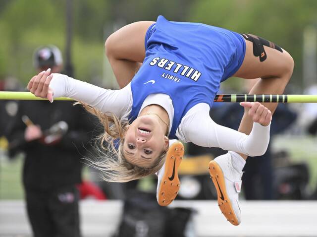 Tinitys Ella Sammel wins the high jump during the WPIAL Class 3A Track and Field Championships on Thursday at Slippery Rock University. (Chaz Palla | TribLive)