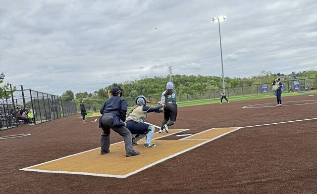 Riverside's Saeryn Hoover homers against Brentwood in a WPIAL Class 2A softball game Thursday, May 14, 2026. (Chris Lackner | TribLive)