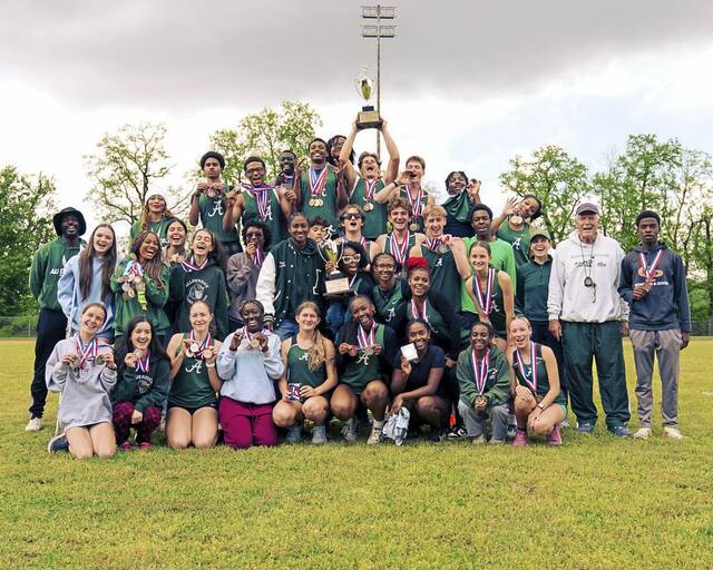 The Allderdice track and field teams celebrate their 2026 City League championships. (Courtesy of LeeLegacies Media)