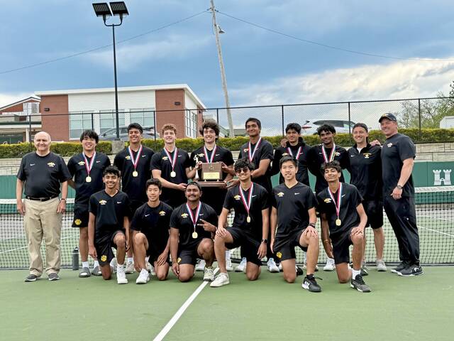 North Allegheny celebrates after defeating Upper St. Clair to win the WPIAL Class 3A team tennis championship May 5 at Washington & Jefferson. (Antonio Rossetti | For TribLive)