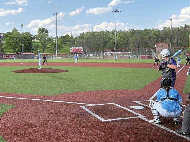 Western Beaver's Gibson Martin stands in against Bishop Canevin's Brady Wagner in a WPIAL Class A quartefinal Monday, May 18, 2026. (Don Rebel | TribLive)