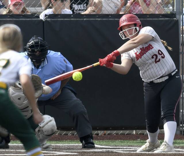 North Hills’ Emma Culver hits a 2-run double against Penn-Trafford during their WPIAL Class 5A quarterfinal on Tuesday, May 19, 2026, at Plum. (Christopher Horner | TribLive)