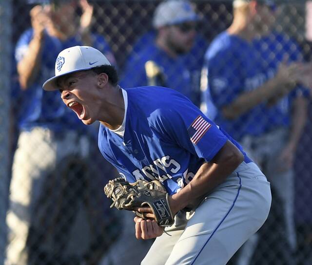 South Park pitcher Robert Lenzi reacts after getting out of a bases-loaded jam against Freeport during their WPIAL Class 3A quarterfinal on Tuesday, May 19, 2026, at Plum. (Christopher Horner | TribLive)